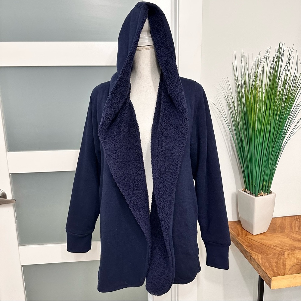 Gap Navy Blue Sherpa Lined Open Front Hoodie Cardigan SZ XS Oversized Comfy EUC